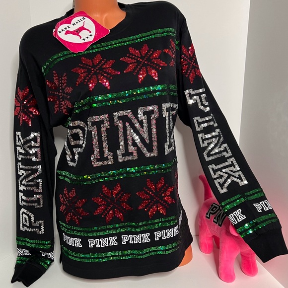 Victoria’s Secret PINK Logo XS S M L Sequin Long-sleeve Shirt Bling Christmas - Picture 1 of 2